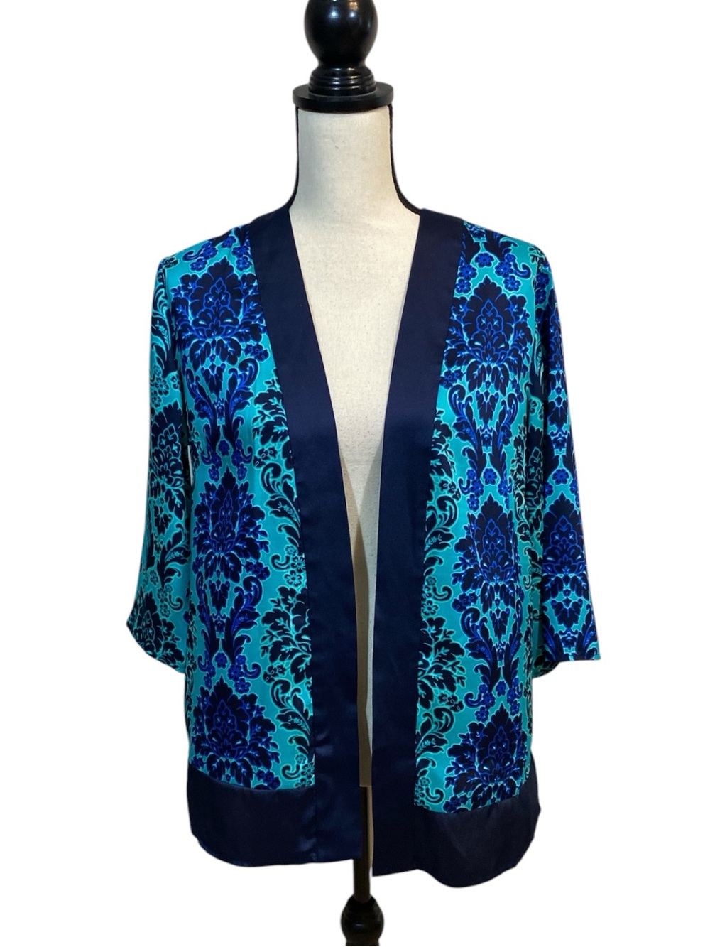Susan Graver Navy and Green Paisley Floral Kimono Top SP